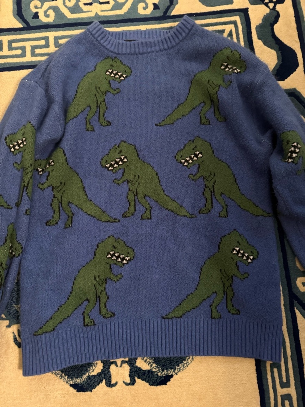 Blue Dinosaur Pattern Crewneck Sweater - Men